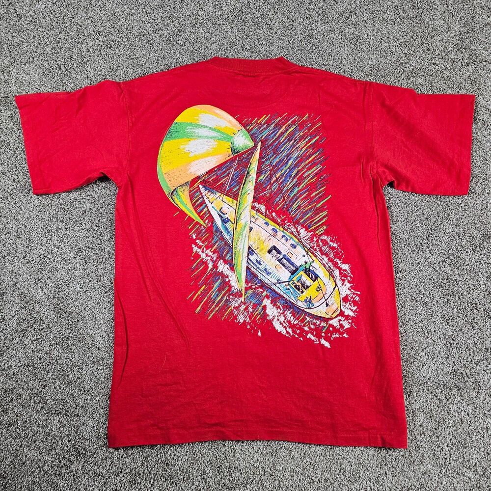 Vintage Hobie Shirt Mens Large Red Sail Boat Logo Colorful USA Single Stitch 90s